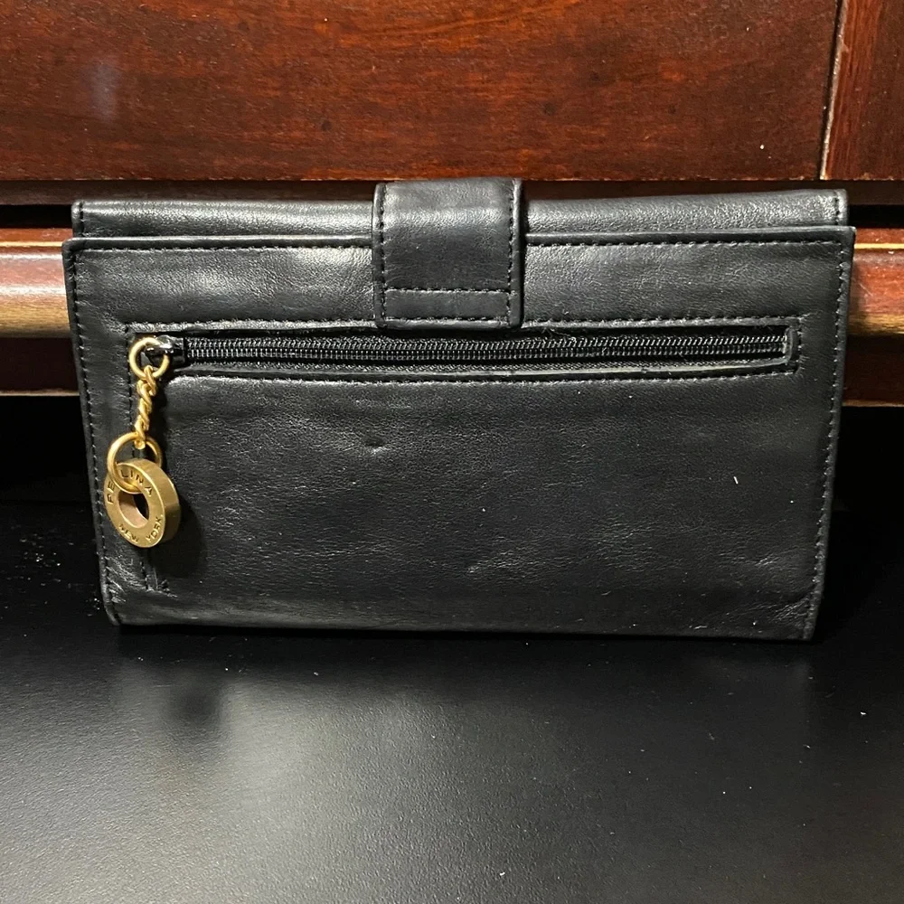 Vintage Perlina New York Black Leather checkbook Wallet with Gold Accent